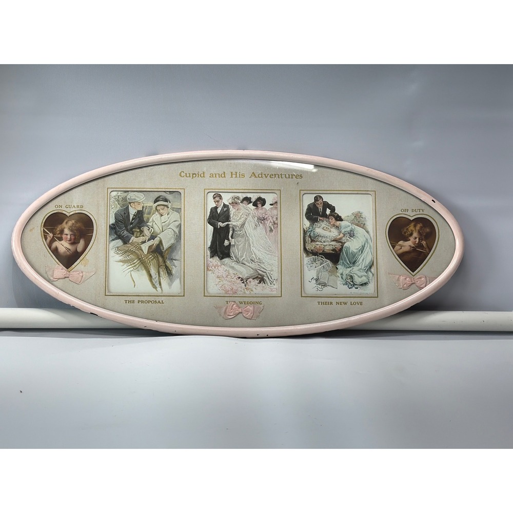 Vintage Cupid and His Adventures Oval Framed Lithograph Romantic Wedding Art - Picture 1 of 9